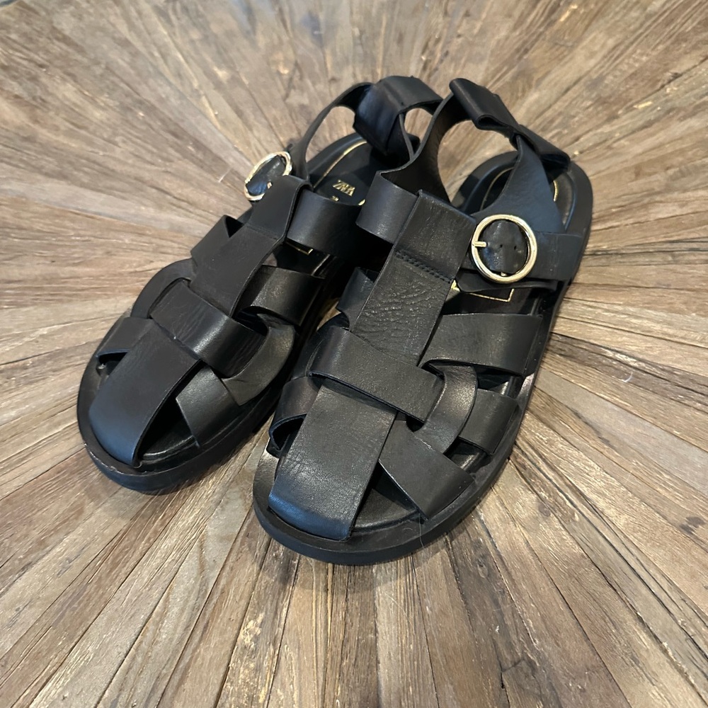 Zara Black Strappy Sandals with Gold Buckles
